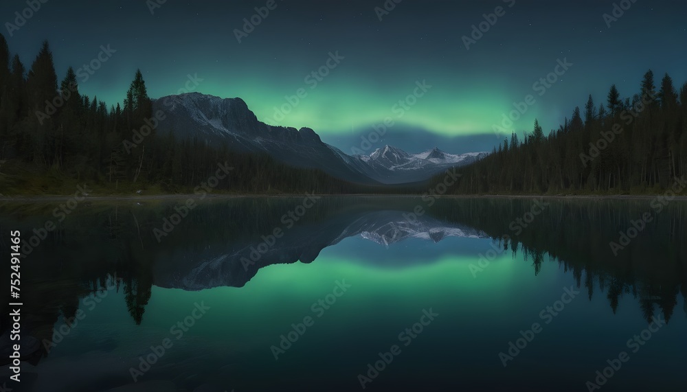 Fototapeta premium A Hyper Realistic Image Of A Crystal Clear Lake Mirroring A Sky Full Of Auroras In A Pristine 8k Forest Setting At Midnight