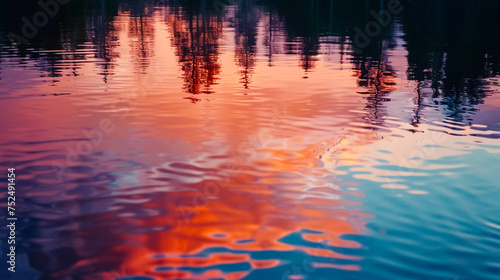 A tranquil lake reflecting the colors of the sunset Close up