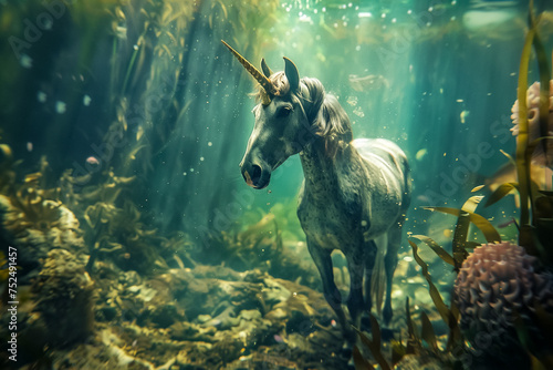 A unicorns journey through an underwater world Close up