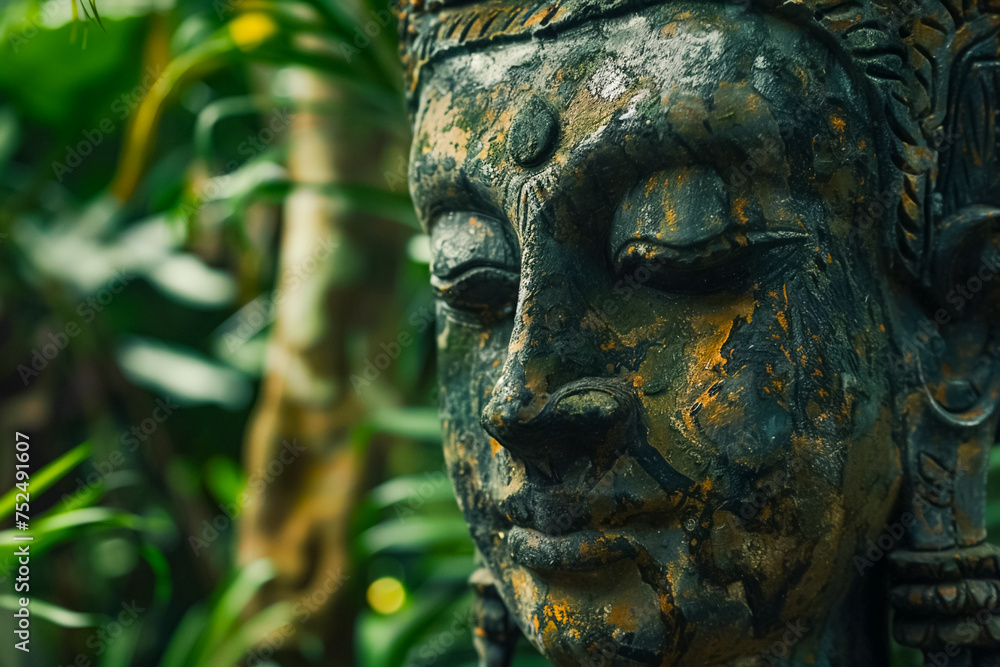 Ancient patina covered statue in a jungle clearing Close up