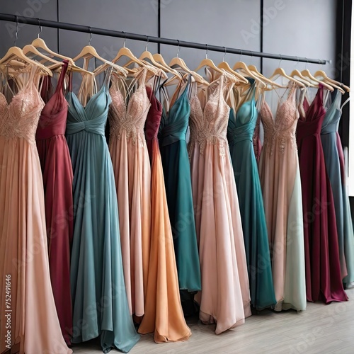 Many colorful elegant formal BRAW for sale in luxury modern shop boutique. Prom gown, wedding, evening, BRAW dress details. Dress rental for various occasions and events,,