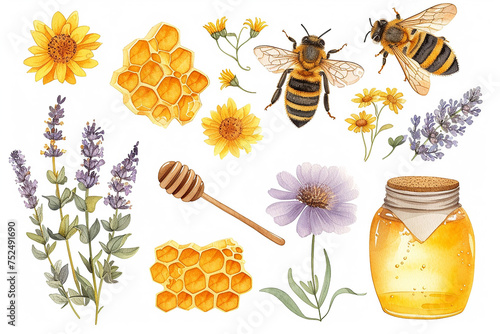 Set of yellow honey bee and honeycomb fields herbs flowers vector illustration