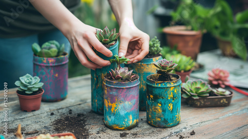 Mulher plantando suculentas em vasos coloridos photo