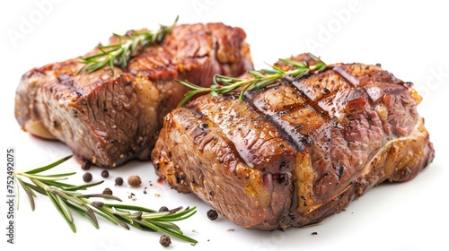 Grill Masterpiece - Two succulent pieces of roast beef, expertly grilled to perfection, showcased from a side angle. Crispy skin and fresh color pop on a clean white background