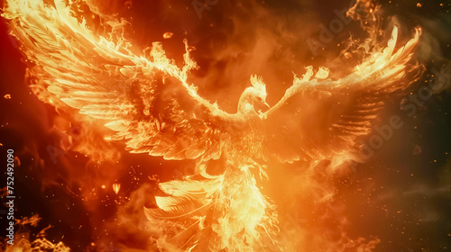 Serene phoenix rising in a fiery display Close up