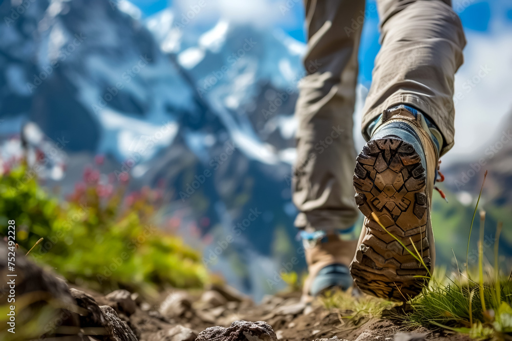 Trekking through rugged mountain terrain Close up Trekking through rugged mountain terrain Close up