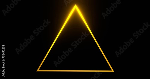 Triangular frame with glowing gold line template. Yellow triangle illuminated by 3d render golden luminous line moving along perimeter for design