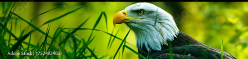  Águia Americana na grama verde - Panorâmico photo