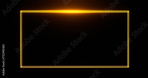 Digital frame with glowing gold line. Golden rectangle illuminated by 3d render luminous line moving along perimeter for design and electric led shows