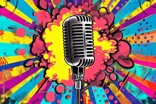 A stylized illustration of a classic microphone against a pop art background with a halftone pattern and a vibrant explosion of colors.