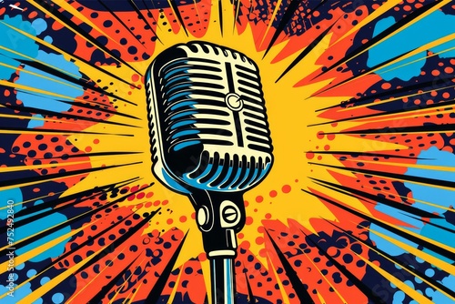A stylized illustration of a classic microphone against a pop art background with a halftone pattern and a vibrant explosion of colors.
