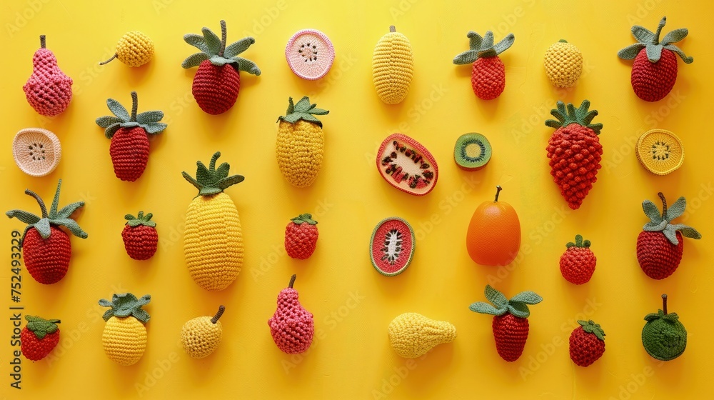 Na żółtym tle znajduje się grupa zrobionych na drutach różnorodnych owoców ułożonych w ładny sposób. - obrazy, fototapety, plakaty 