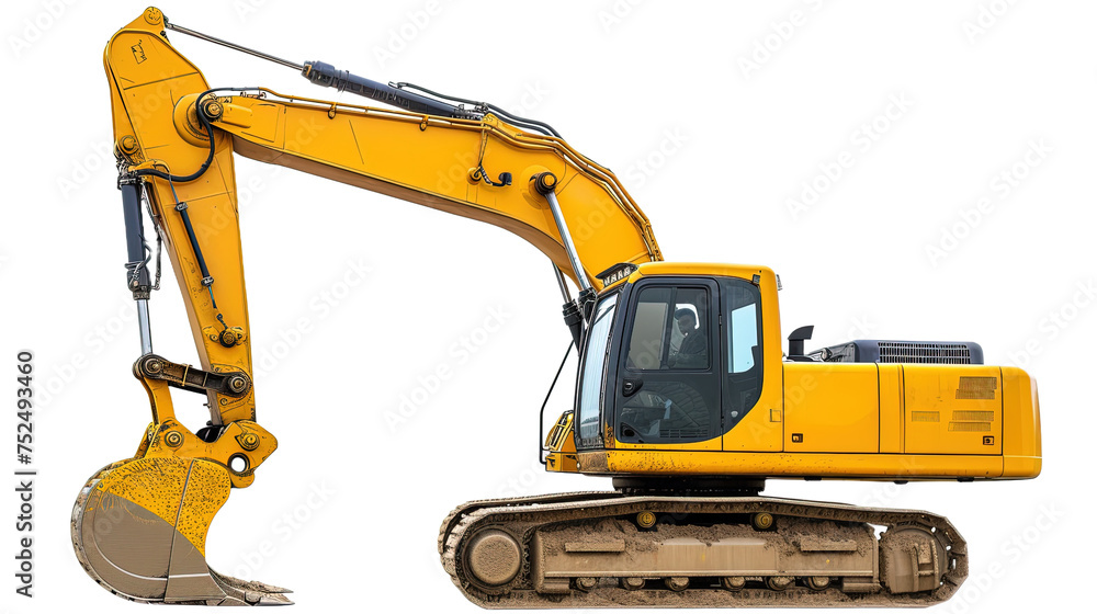 Yellow excavator on white or transparent background