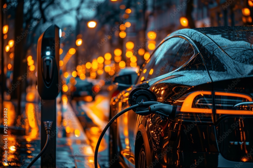 Electric car charging at a station on a city street at twilight. Electric car charging at a station on a city street at twilight.
