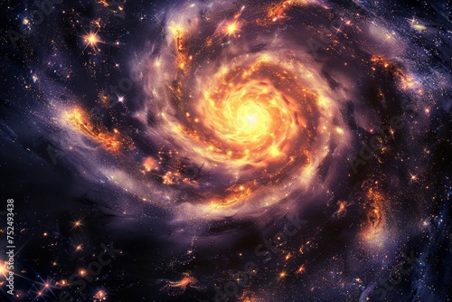 Illustration of a spiral galaxy with bright star clusters.