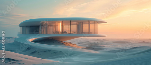 Landscape technology futuristic glass building in desert sunlight concept banner background
