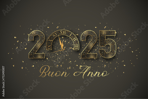 Biglietto o cerchietto per augurare un felice anno nuovo 2025 in grigio e oro Lo 0 è sostituito da un orologio su sfondo grigio con glitter dorati