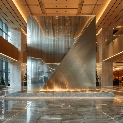 A huge stainless steel metal square in the center of the hotel lobby 