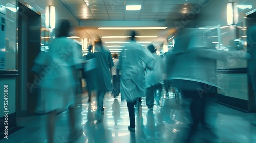 Grupa lekarzy ubranych w białe fartuchy przechadza się po korytarzu szpitalnym, w tle widać poruszających się pacjentów i personel medyczny. photo