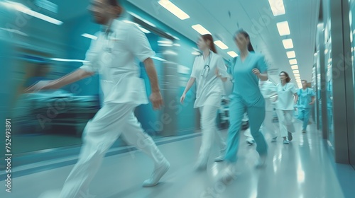 Grupa lekarzy ubrana w białe fartuchy i codzienne stroje spaceruje po korytarzu szpitalnym. Mają skupione miny i rozmawiają na temat pacjentów.