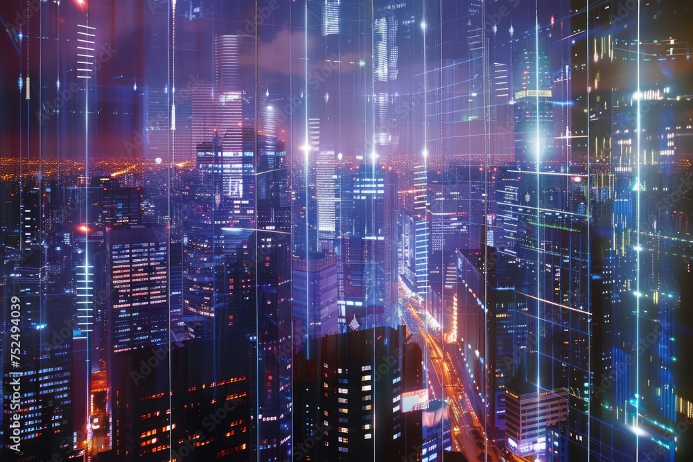 Holographic projection of a futuristic cityscape at night. Holographic projection of a futuristic cityscape at night.