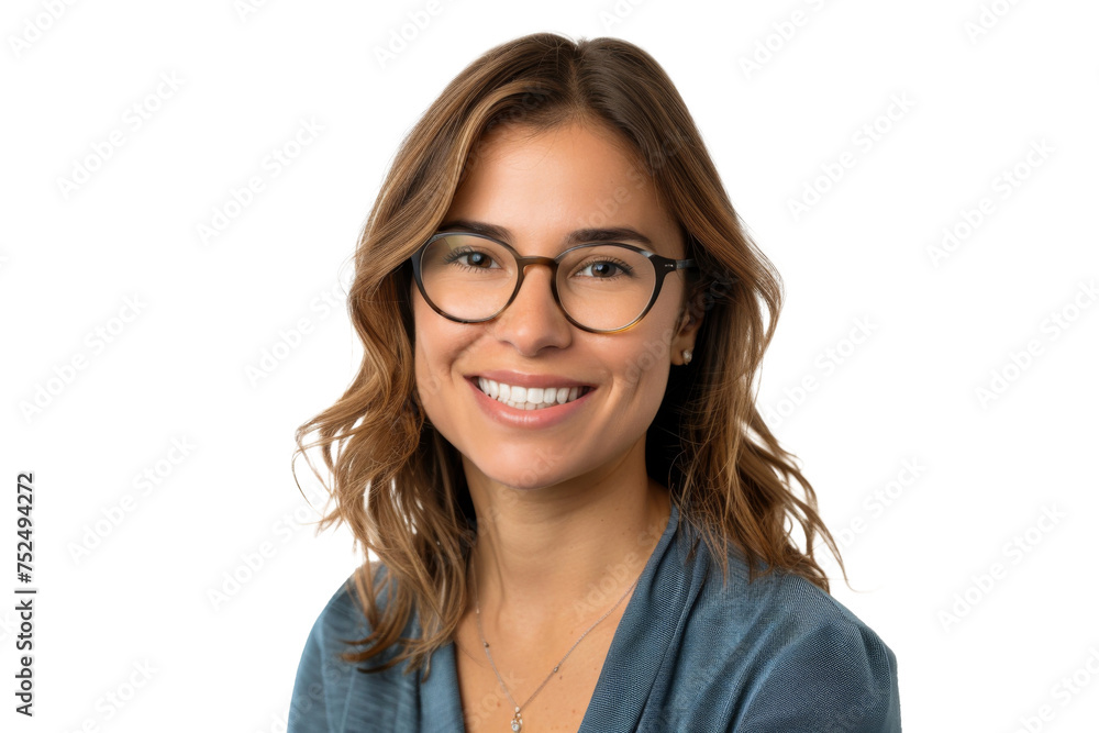 Studio portrait of a beautiful young Caucasian Americana business woman wear glasses and casual shirt with an attractive smile, isolated on transparent png background.