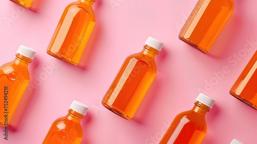 Na różowym tle ustawiona jest grupa butelek wypełnionych pomarańczowym płynem, które posiadają puste etykiety. Kompozycja prezentuje kontrastowe połączenie kolorów.