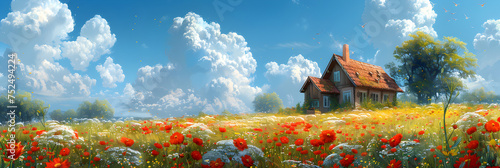 Countryside Cottage in the Meadow with Flowers, Beautiful flower field meadow in spring and blue sky on a sunny day 