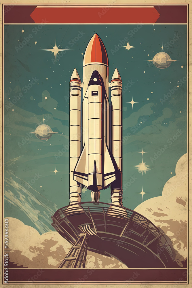 Rocket takeoff in retro style. Vintage space rocket start with fire and smoke.
