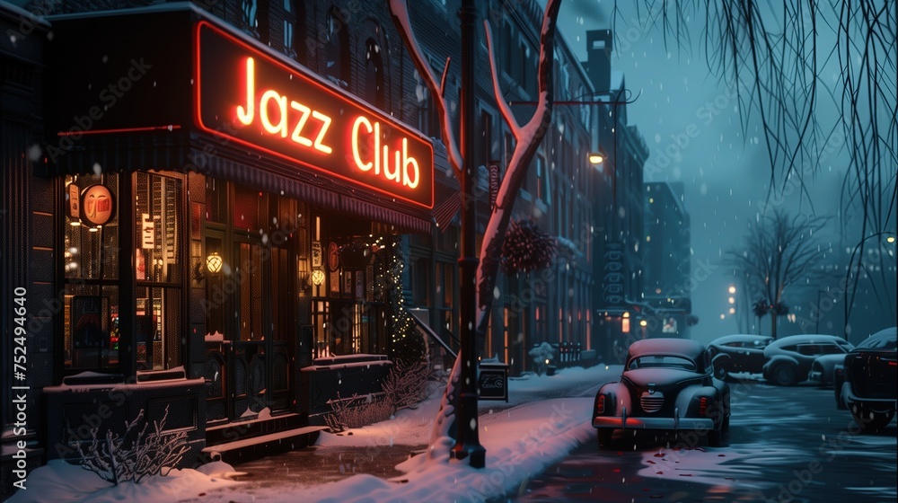 Zimową ulicę z zaparkowanymi samochodami po bokach. Na tle jest neonowa tablica jazzowego klubu, która daje ciepłe światło. - obrazy, fototapety, plakaty 