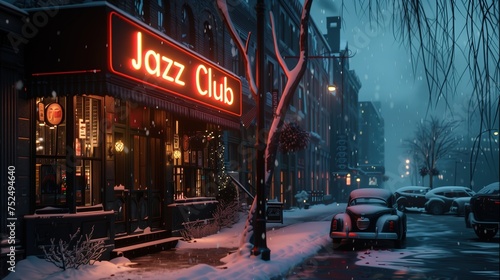 Zimową ulicę z zaparkowanymi samochodami po bokach. Na tle jest neonowa tablica jazzowego klubu, która daje ciepłe światło.