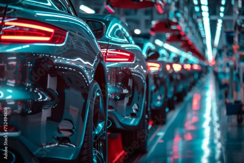 Automotive factory with rows of cars and futuristic lighting.