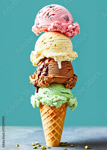 Colorful Ice Cream Scoops in Cone Against Blue Background. Sweet food concept photo