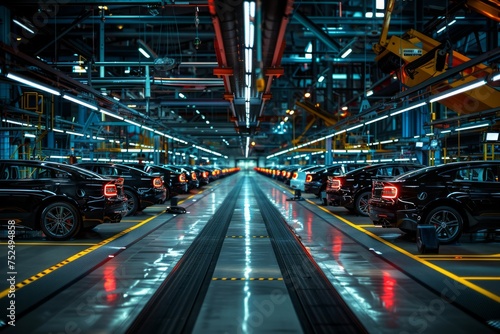 Automotive factory with rows of cars and futuristic lighting.