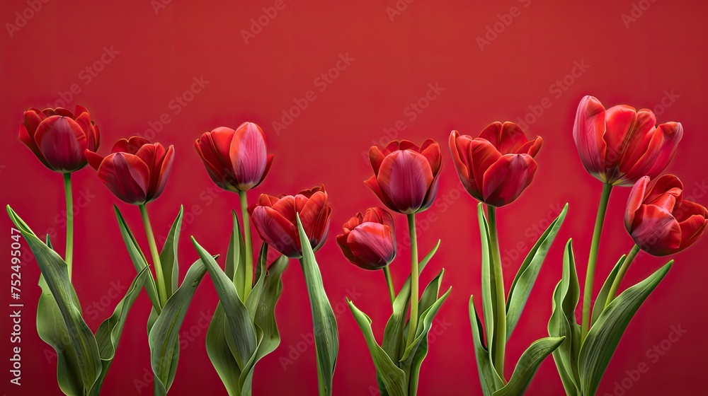 A minimalist arrangement of tulips on a bold red background. Capturing the essence of clean lines and subtle beauty A minimalist arrangement of tulips on a bold red background. Capturing the essence of clean lines and subtle beauty