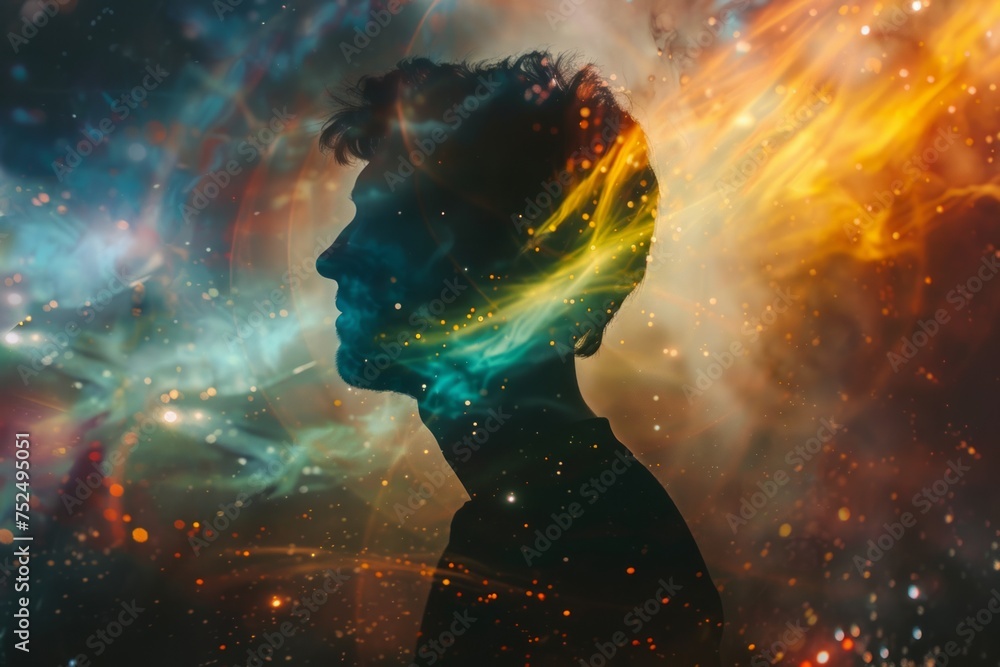 Silhouette of a person with an illuminated, cosmic energy background. Silhouette of a person with an illuminated, cosmic energy background.
