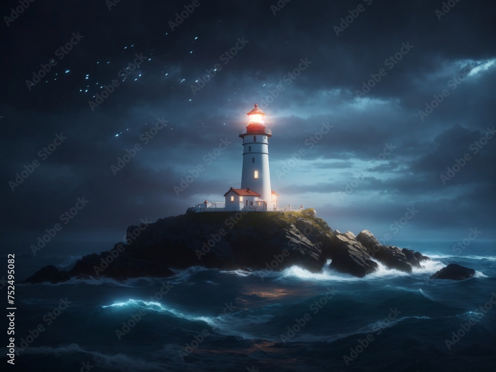 Mystical Maritime Convergence: AI-Enriched Hyper-Realism, Blurring Reality with Subtle Magic, Captures the Lighthouse's Illumination and Boat's Journey in a Dreamlike Oceanic Tapestry.