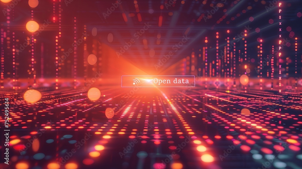 Abstrakcyjne tło z jasnymi światłami i kropkami oraz napisem OPEN DATA i ikoną zasięgu Abstrakcyjne tło z jasnymi światłami i kropkami oraz napisem OPEN DATA i ikoną zasięgu
