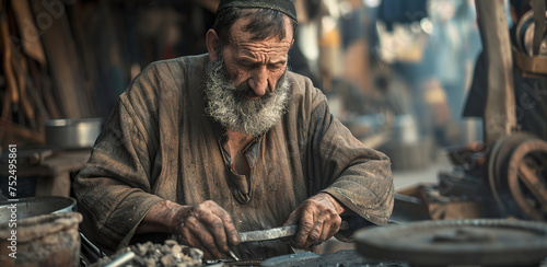 Illustration of a Jewish blacksmith working in the Jewish market in the period of Jesus Christ. Jewish worker with focus on his hands working on a metal. photo