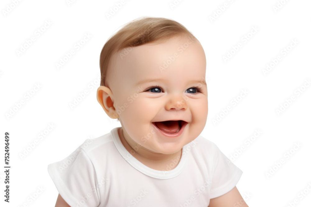 Portrait studio of young adorable baby with happy smile isolated on transparent background.