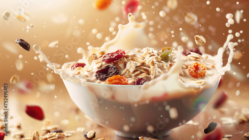 Advertising shot of oat meal in glass bowl with milk splashes, dried fruits, berries and flakes, cereals on brown background