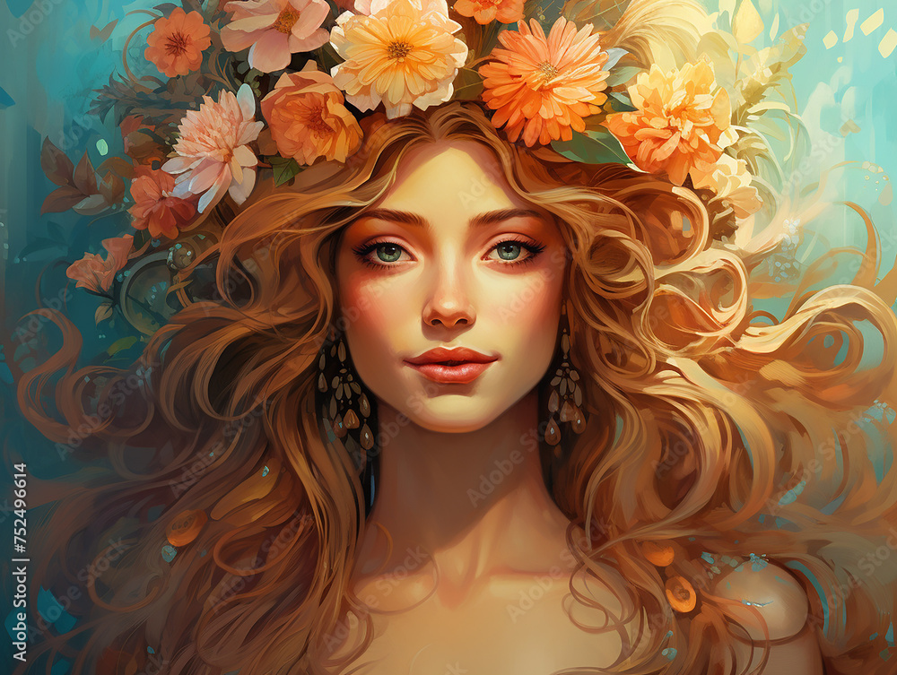 Abstract classic art decoration beautiful woman portrait with flower crown on hair, international women's day background illustration