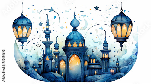 Illustration of a lantern and mosque watercolor, the Muslim feast of the holy month of Ramadan Kareem or Maulid Nabi Muhammad SAW. illustrations in the style of watercolor paints.