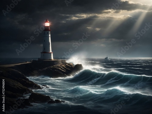 Chiaroscuro Maritime Drama: AI-Crafted Hyper-Realism Intensifies Light and Shadow, Unveiling the Compelling Contrast Between the Lighthouse's Illumination, the Boat's Presence, and the Turbulent Darkn photo