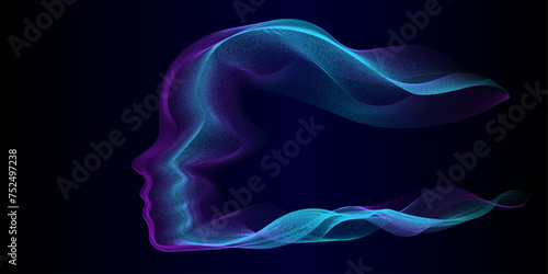 Abstract human head shape flowing blue violet wavy light line dots patter in concept of Artificial intelligence technology, communication, neural network, data learning, science. Vector illustration 