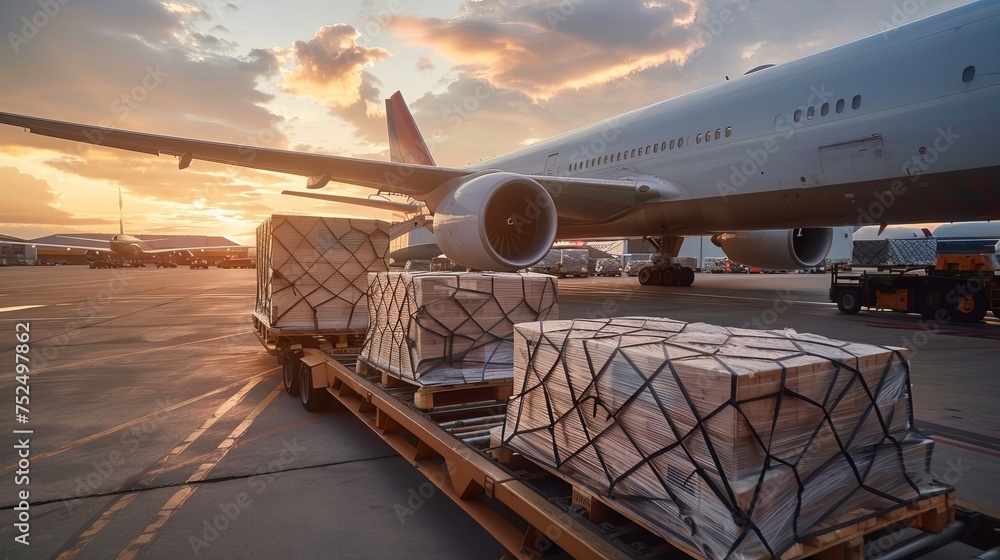 Air cargo logistic containers are loading to an airplane. Air transport shipment prepare for loading to modern freighter jet aircraft at the airport. - obrazy, fototapety, plakaty 