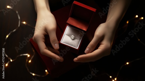 Woman's hands holding a ring in a red gift box on a dark background. wedding concept with copy space. photo