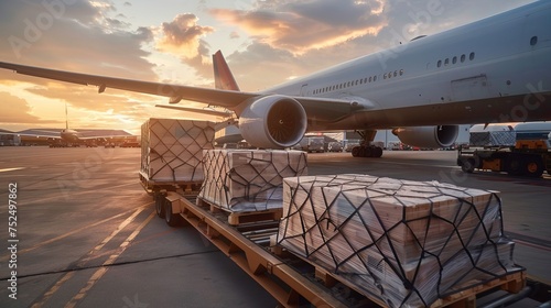Air cargo logistic containers are loading to an airplane. Air transport shipment prepare for loading to modern freighter jet aircraft at the airport. photo