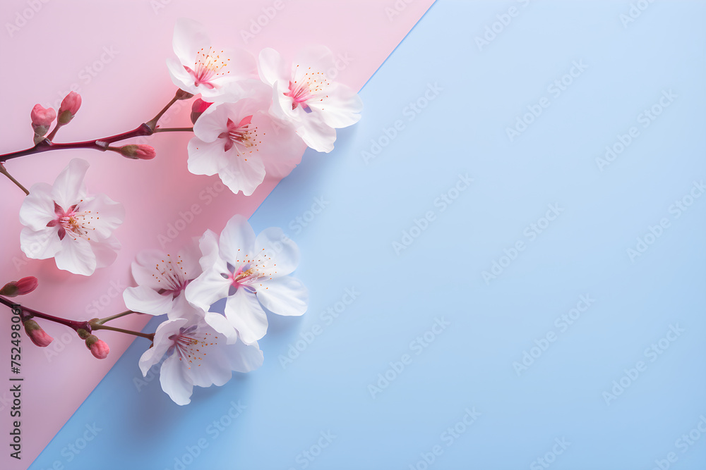 Banner with cherry flowers on pastel blue and pink background. Greeting card template for wedding, Mother's or Women's day. Springtime composition with copy space. Flat lay, top view