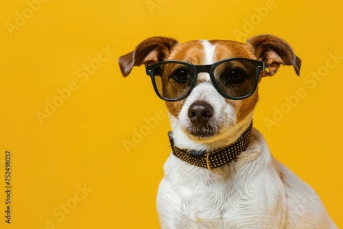 Fashionable Fido: Dog in Shades on Solid Color, AI Generative
